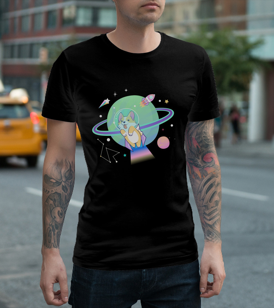 Space Dog Corgi Astronaut With Planets And Rocket In Galaxy Adventure T-Shirt