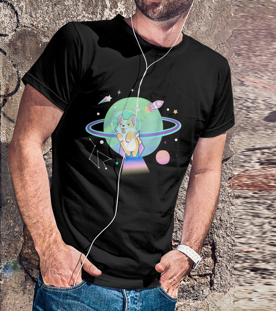 Space Dog Corgi Astronaut With Planets And Rocket In Galaxy Adventure T-Shirt