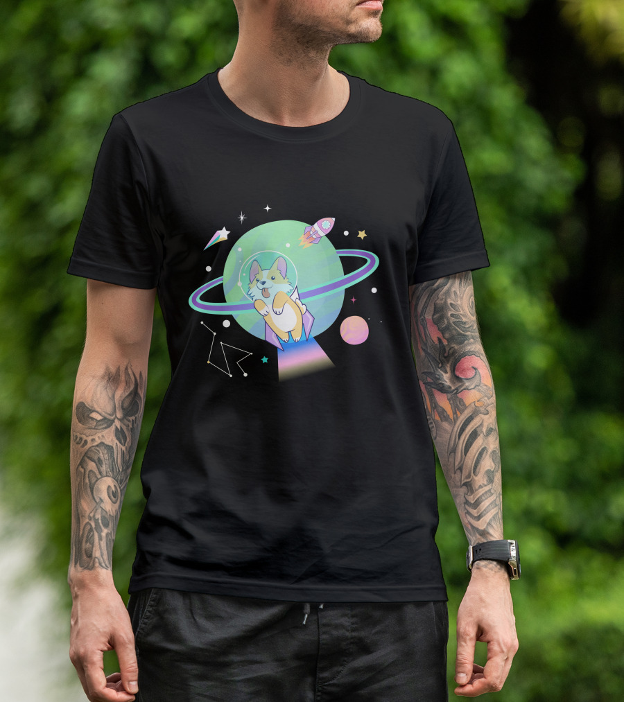 Space Dog Corgi Astronaut With Planets And Rocket In Galaxy Adventure T-Shirt
