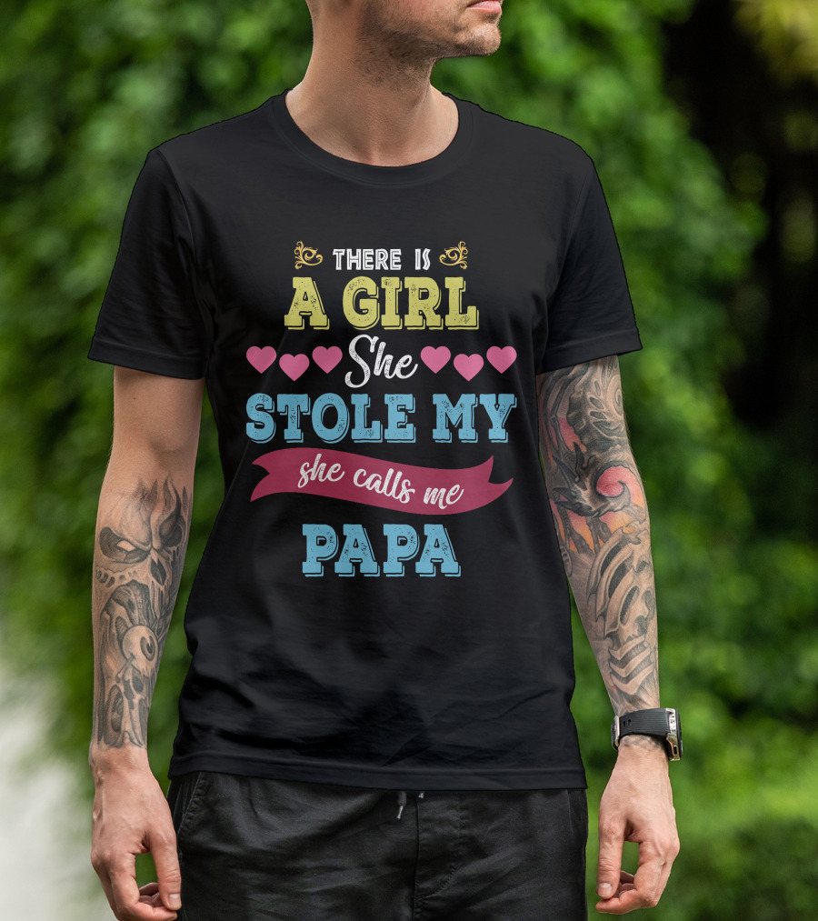 There Is A Girl She Stole My Heart She Calls Me Papa With Colorful Hearts T-Shirt