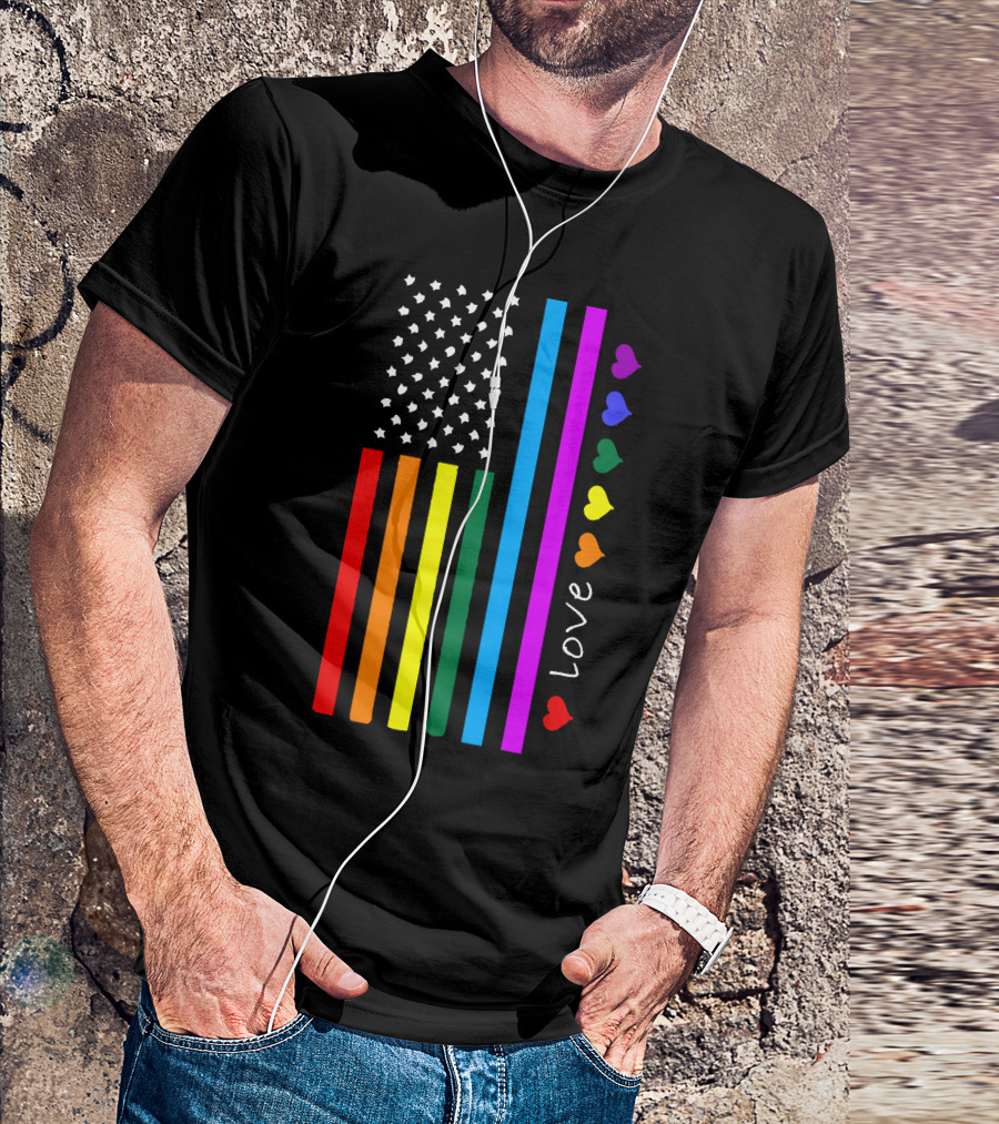 Us Flag Love Rainbow Hearts T-Shirt