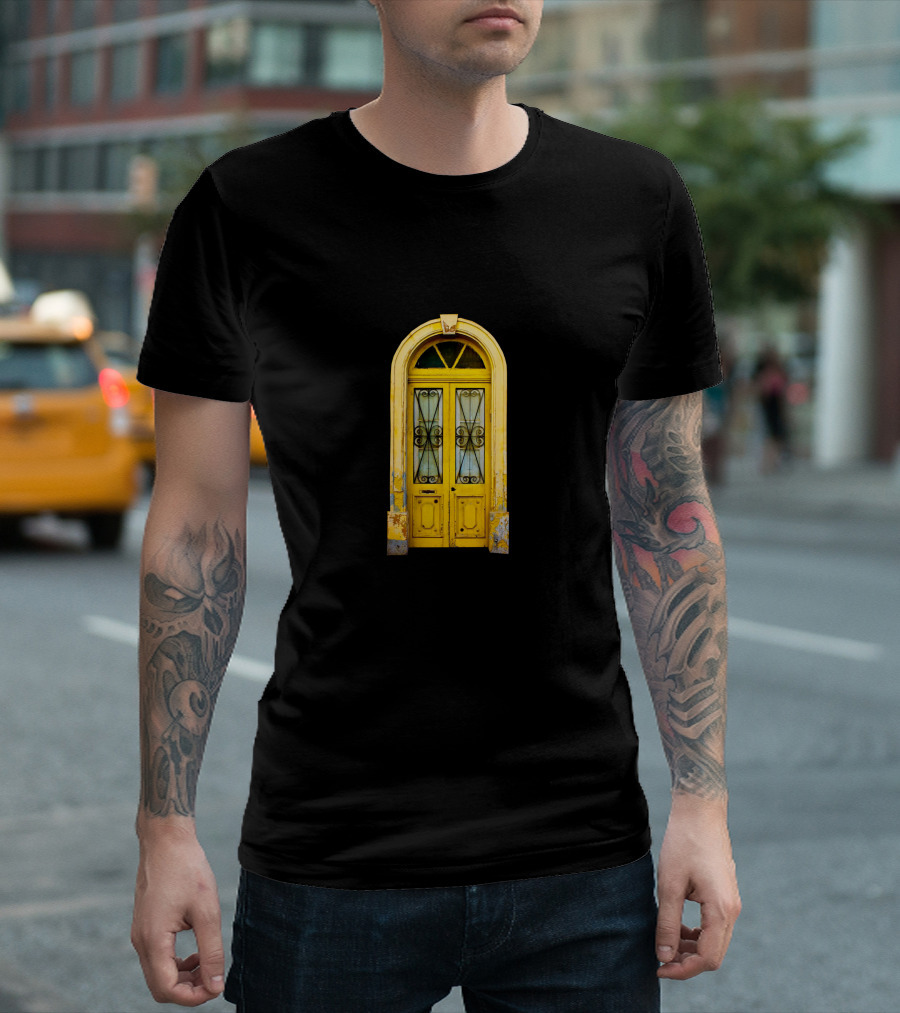 Vintage Yellow Door with Ornate Ironwork and Archway T-Shirt