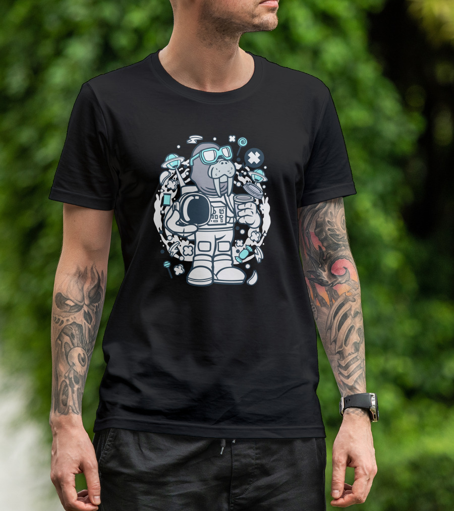Walrus Astronaut Cosmic Adventure With Space Elements T-Shirt