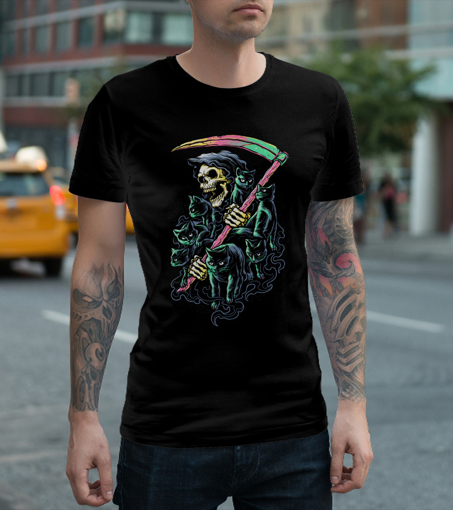 Grim Reaper with Scythe Surrounded by 7 Deathly Cats T-Shirt