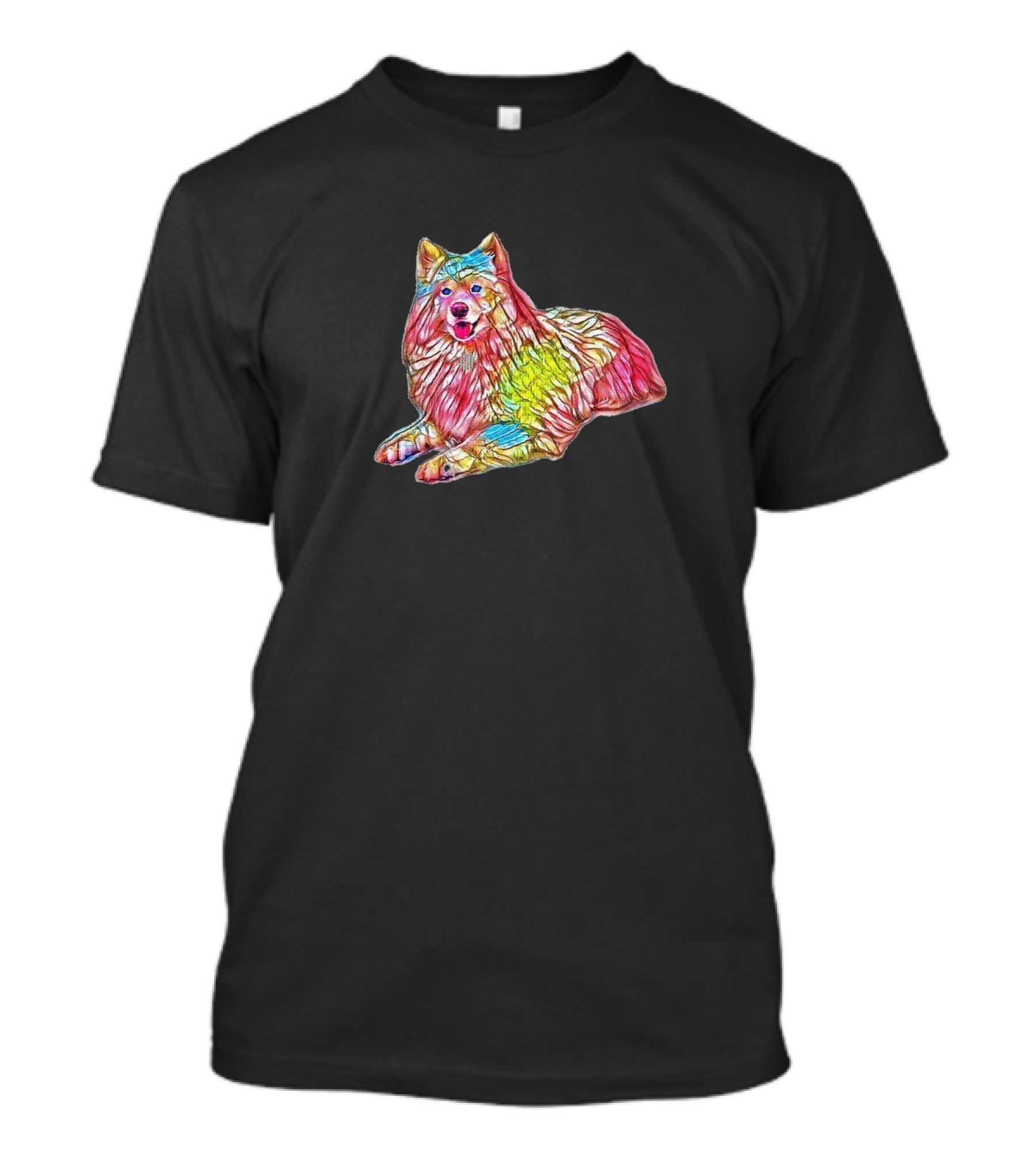 A Beautiful Samoyed Dog Laying In Colorful Abstract T-Shirt