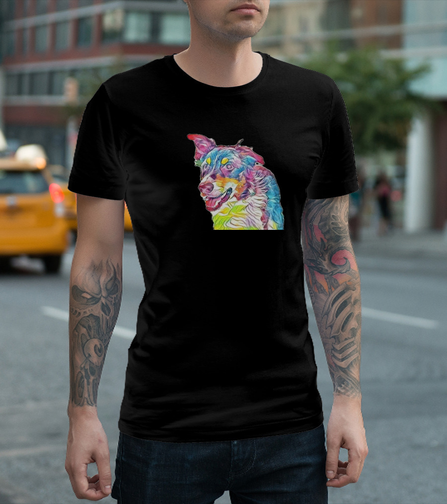 A Close Up of a Colorful Border Collie T-Shirt