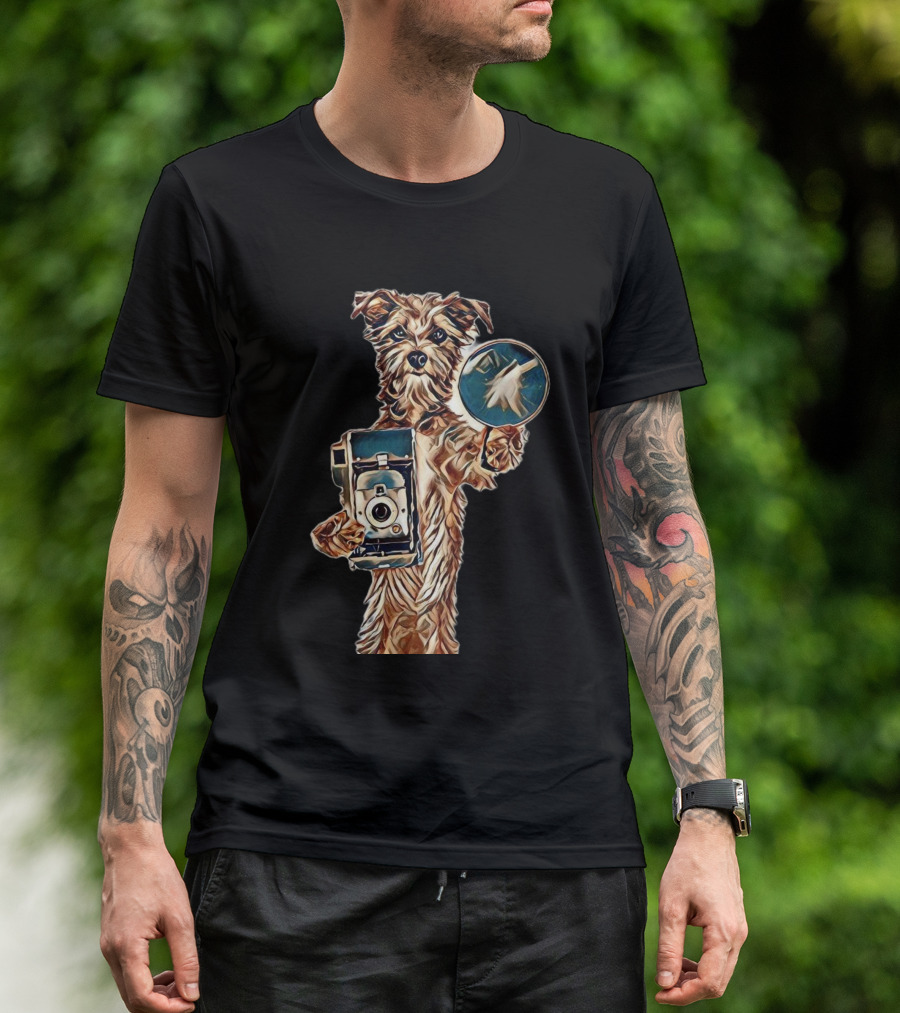 A Cute Mixed Terrier Breed Do With Vintage Camera And Magnifying Glass T-Shirt