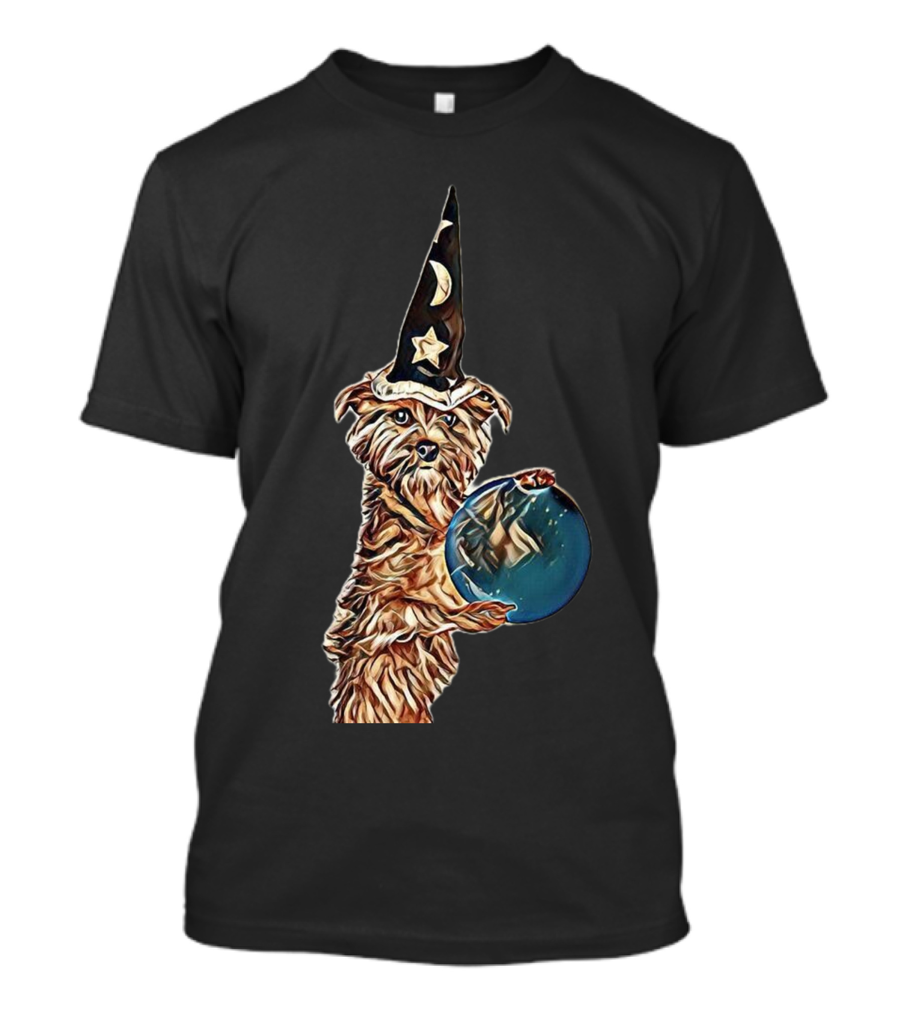 Wizard Terrier Holding Crystal Ball With Moon And Star Hat T-Shirt