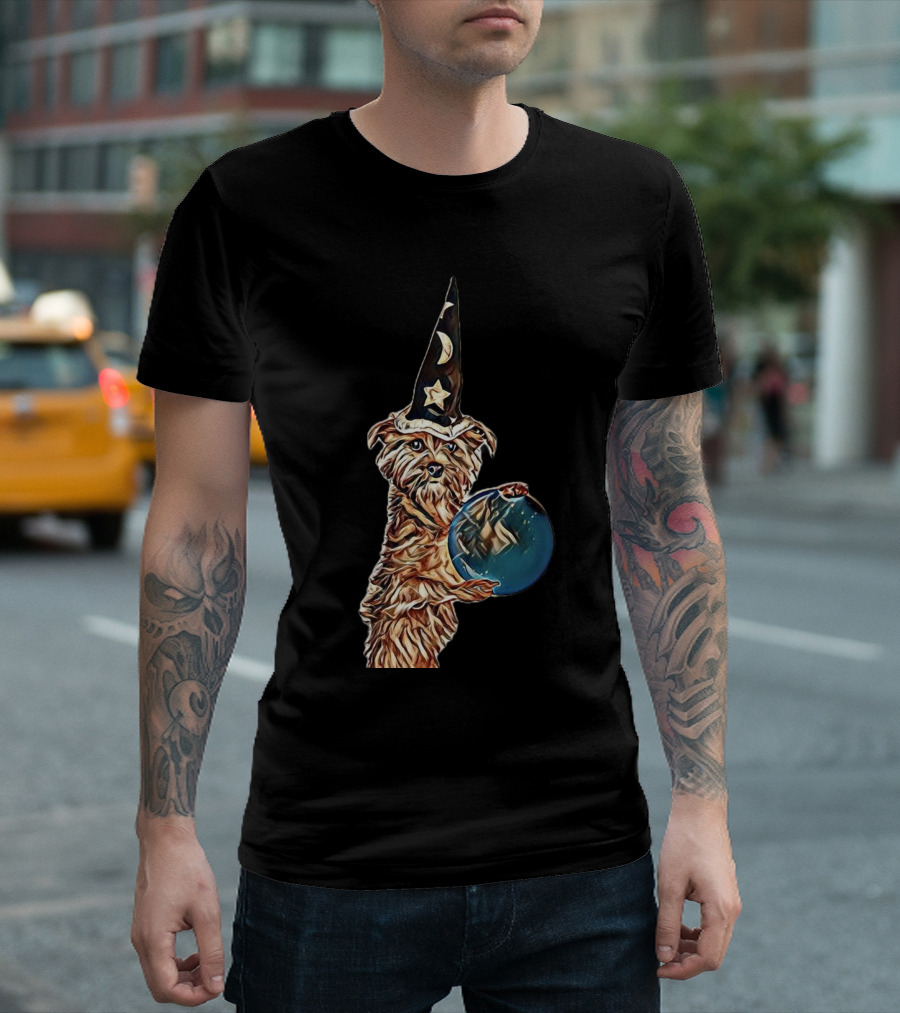 Wizard Terrier Holding Crystal Ball With Moon And Star Hat T-Shirt