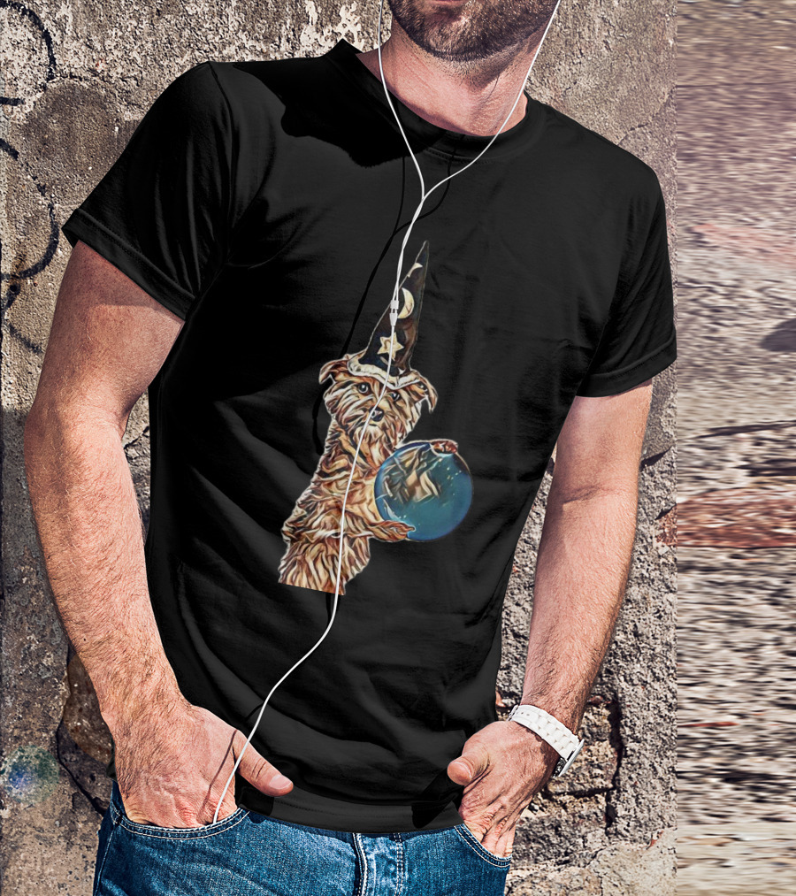 Wizard Terrier Holding Crystal Ball With Moon And Star Hat T-Shirt