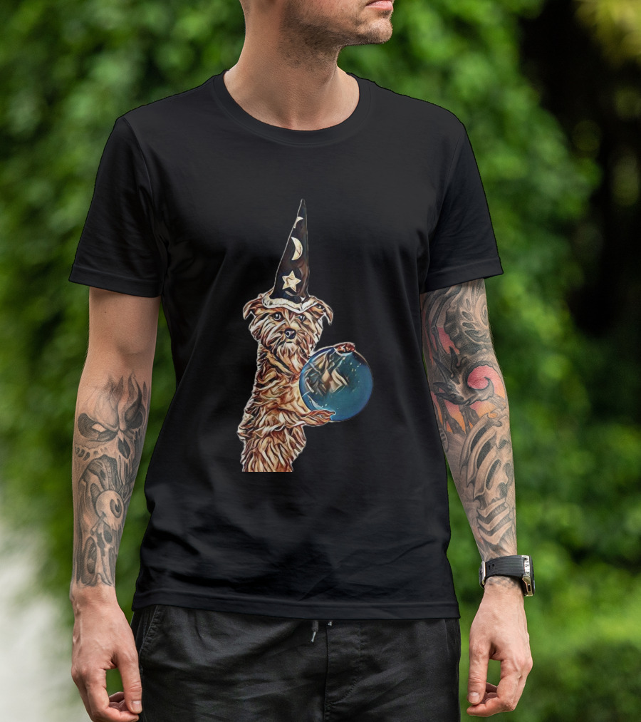 Wizard Terrier Holding Crystal Ball With Moon And Star Hat T-Shirt