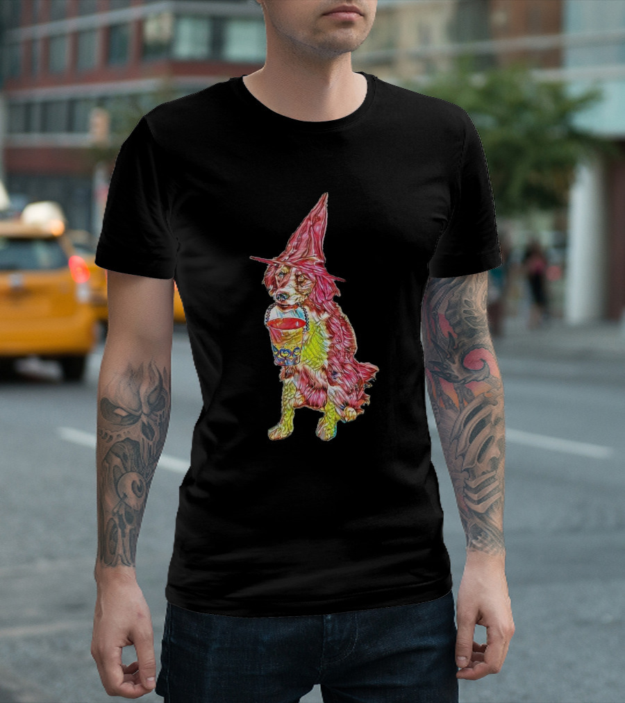 A Cute Young Border Collie Dog Holding Halloween Witch Hat and Candy Bucket T-Shirt