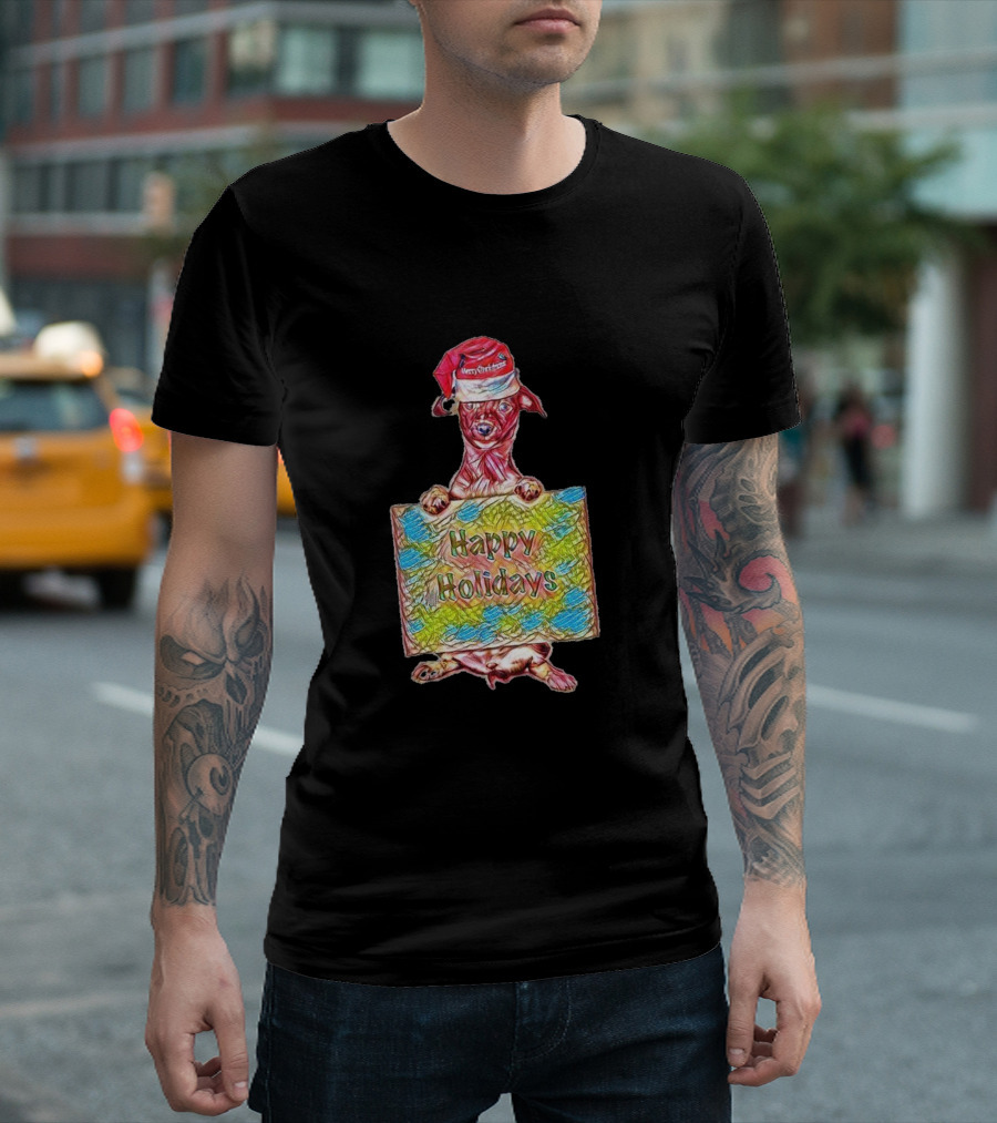 Happy Holidays Festive Cute Dog with Santa Hat T-Shirt