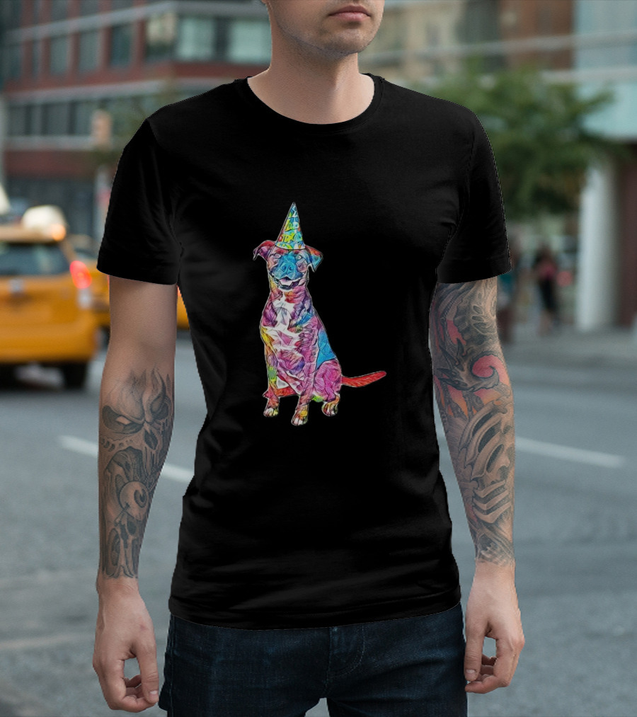 A Happy And Friendly Dog Wearing Colorful Party Hat T-Shirt