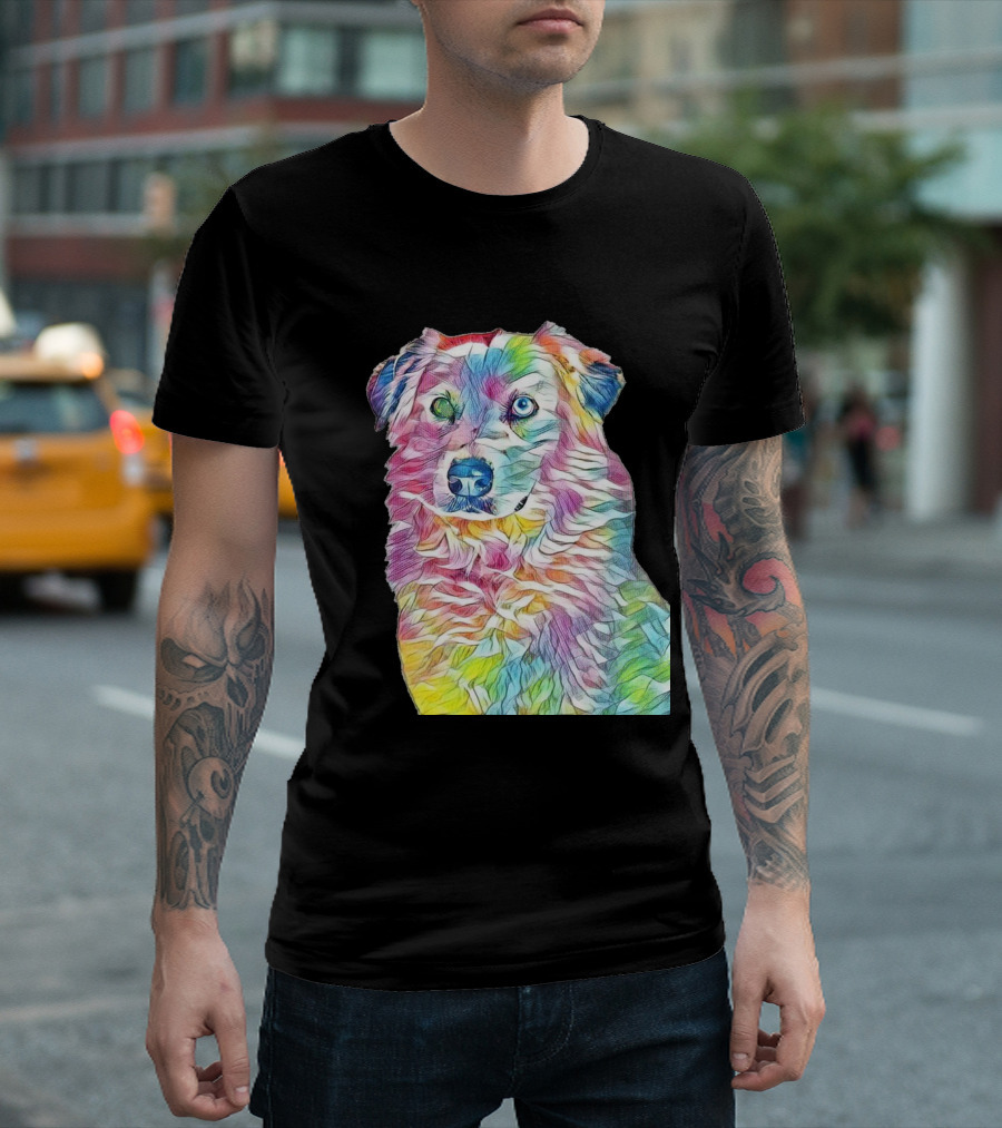 A Head Shot Of An Australian Shepherd in Vibrant Colors T-Shirt