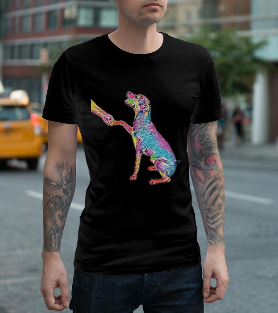 A Side View Of A Happy Mixed Dog Looking Up While Shaking Hands T-Shirt