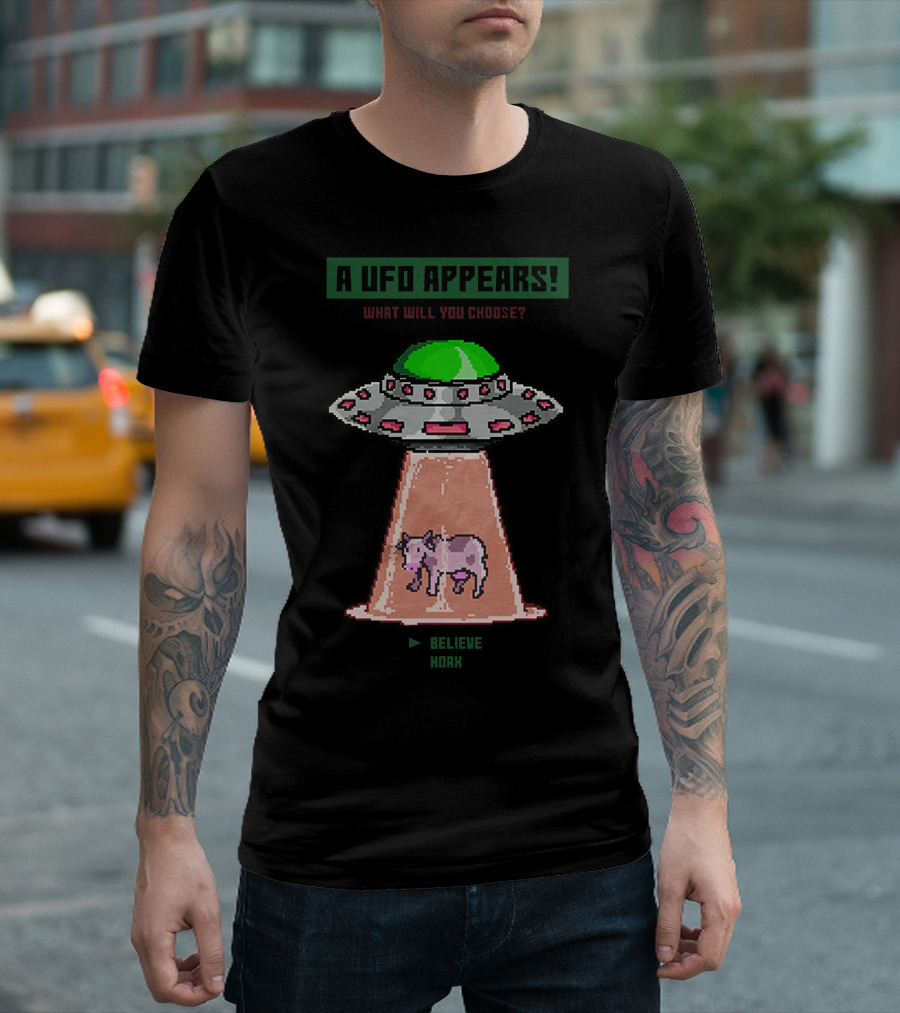 A UFO Appears What Will You Choose Believe Hoax Cow Retro Pixel T-Shirt