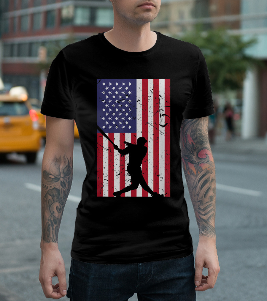 American Flag Distressed Baseball Player Silhouette Love T-Shirt