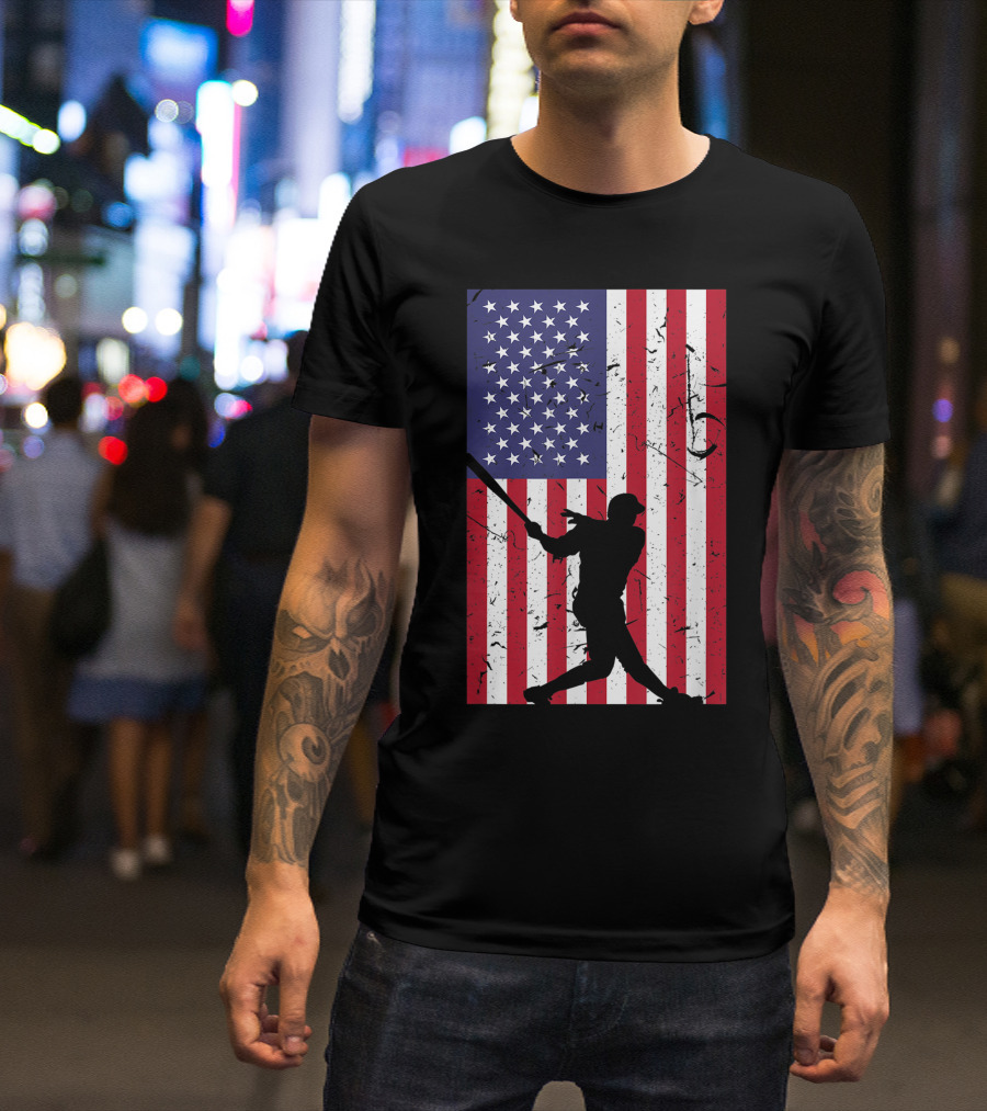 American Flag Distressed Baseball Player Silhouette Love T-Shirt