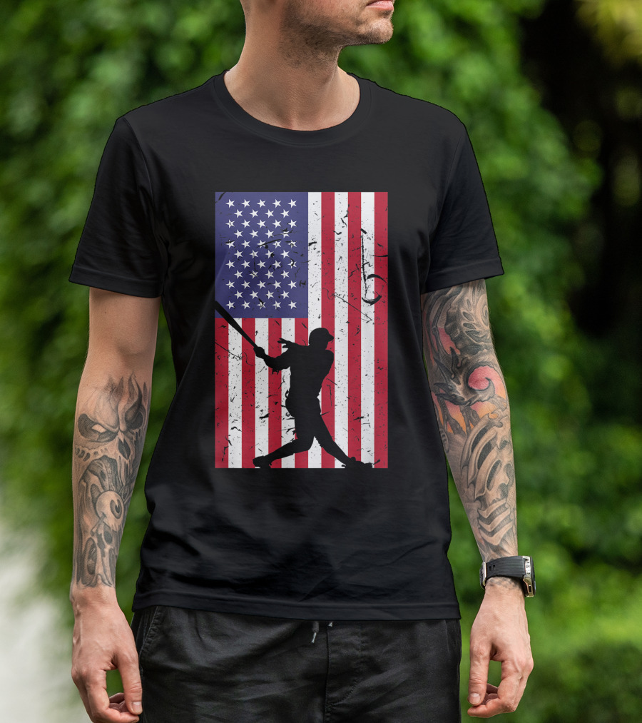 American Flag Distressed Baseball Player Silhouette Love T-Shirt