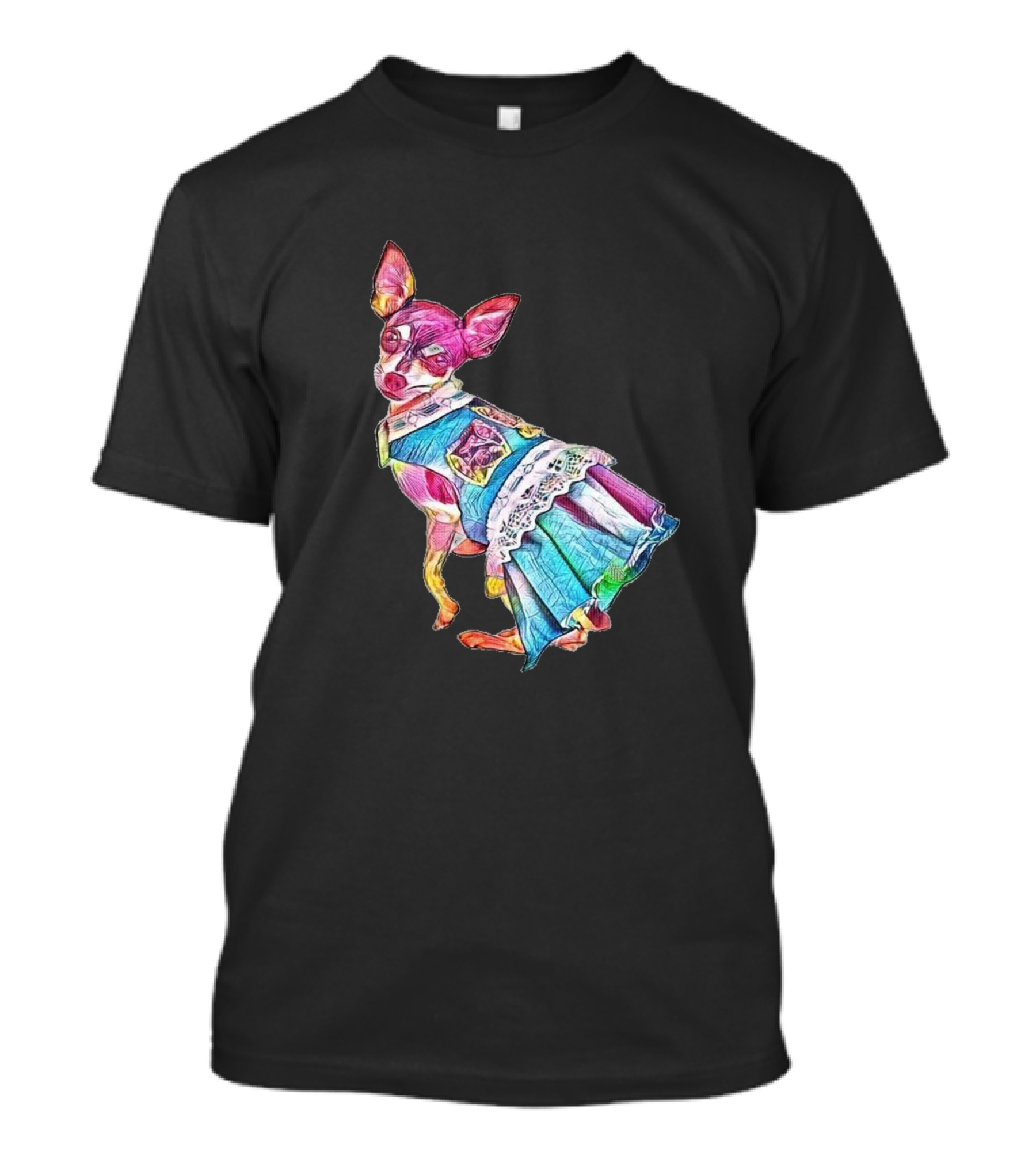 An Adorable Chihuahua Dog Wearing Colorful Dress With Lace Trim T-Shirt