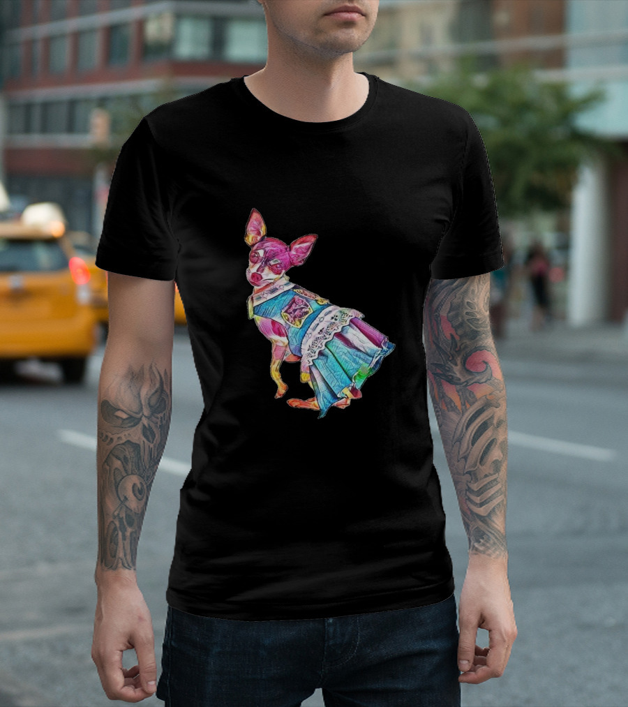 An Adorable Chihuahua Dog Wearing Colorful Dress With Lace Trim T-Shirt
