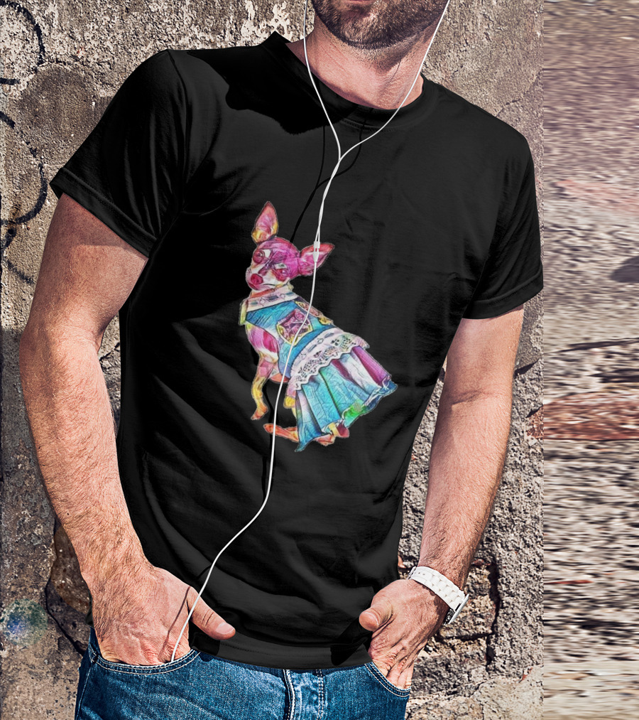 An Adorable Chihuahua Dog Wearing Colorful Dress With Lace Trim T-Shirt