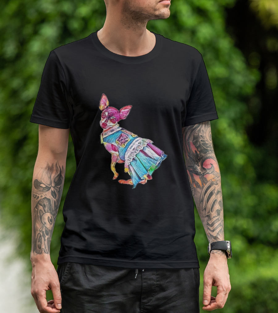 An Adorable Chihuahua Dog Wearing Colorful Dress With Lace Trim T-Shirt