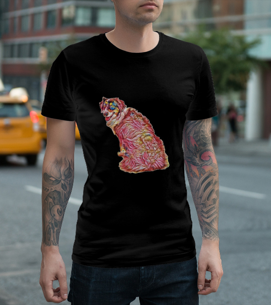 An Attentive Australian Shepherd Sitting Colorful T-Shirt