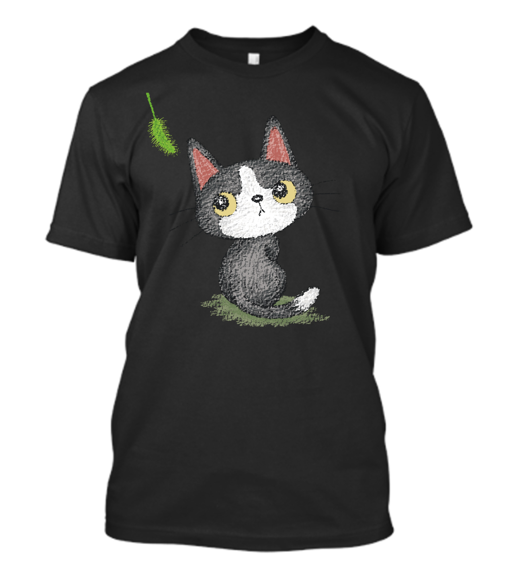 Black Kitten With Green Cat Toy Feather T-Shirt