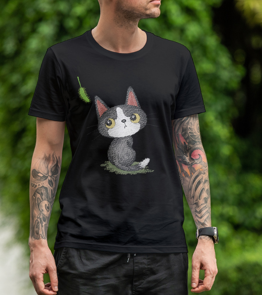 Black Kitten With Green Cat Toy Feather T-Shirt