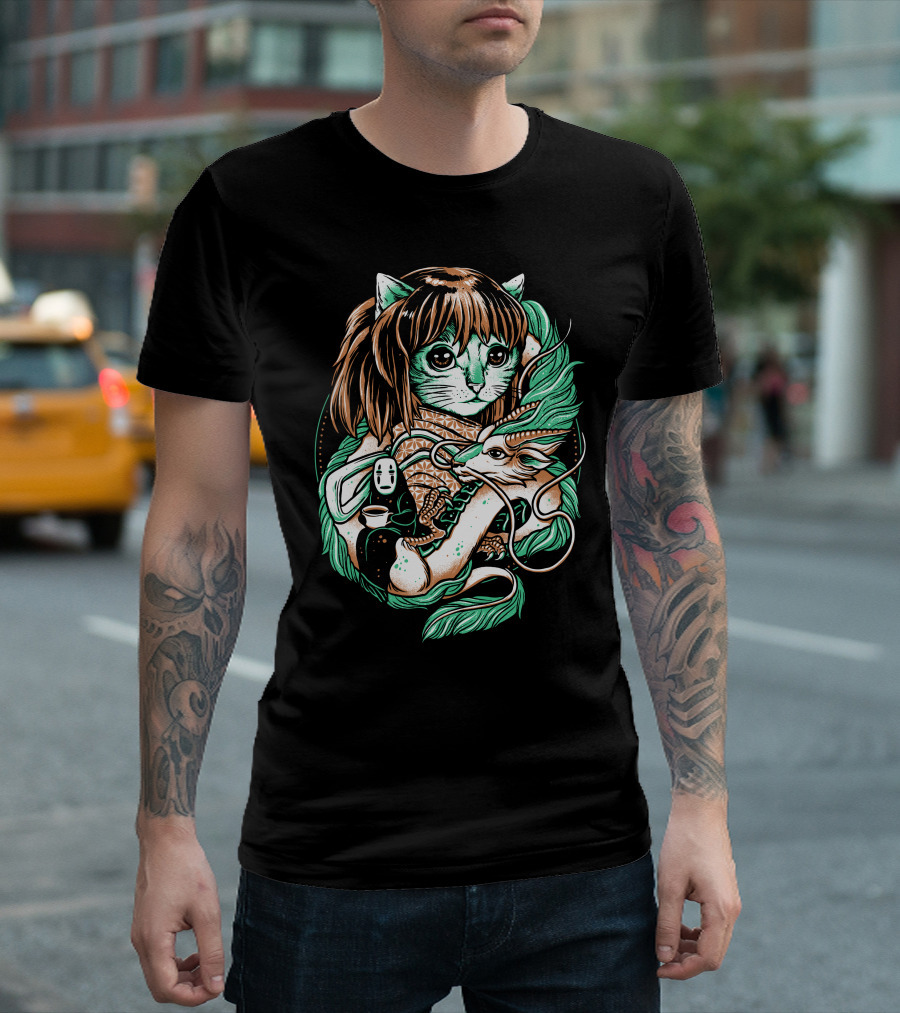 Spirit Cat With Mythical Creature and Masked Figure T-Shirt