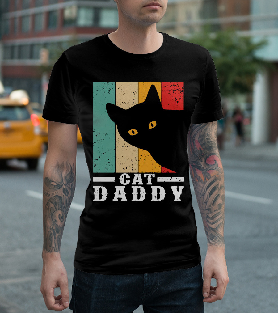 Cat Daddy Retro Black Cat with Colorful Stripes T-Shirt