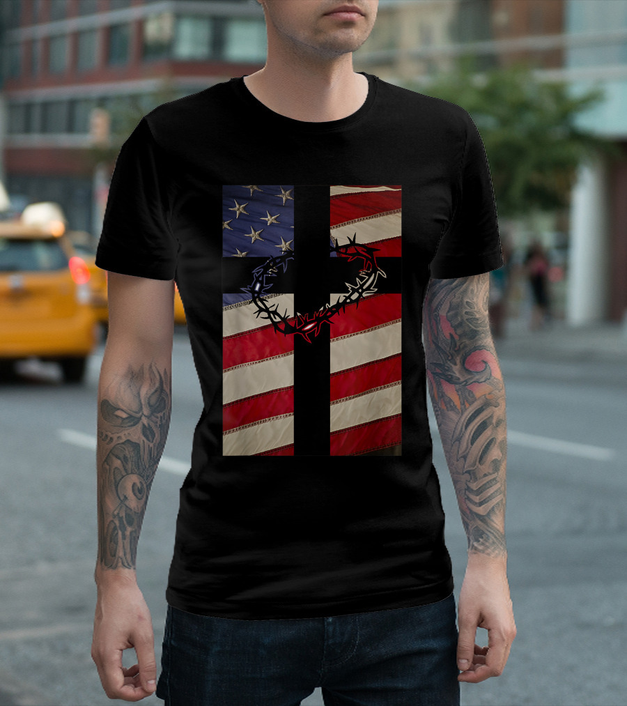 Christian Patriotic New Christianity American Flag Cross And Crown Of Thorns T-Shirt