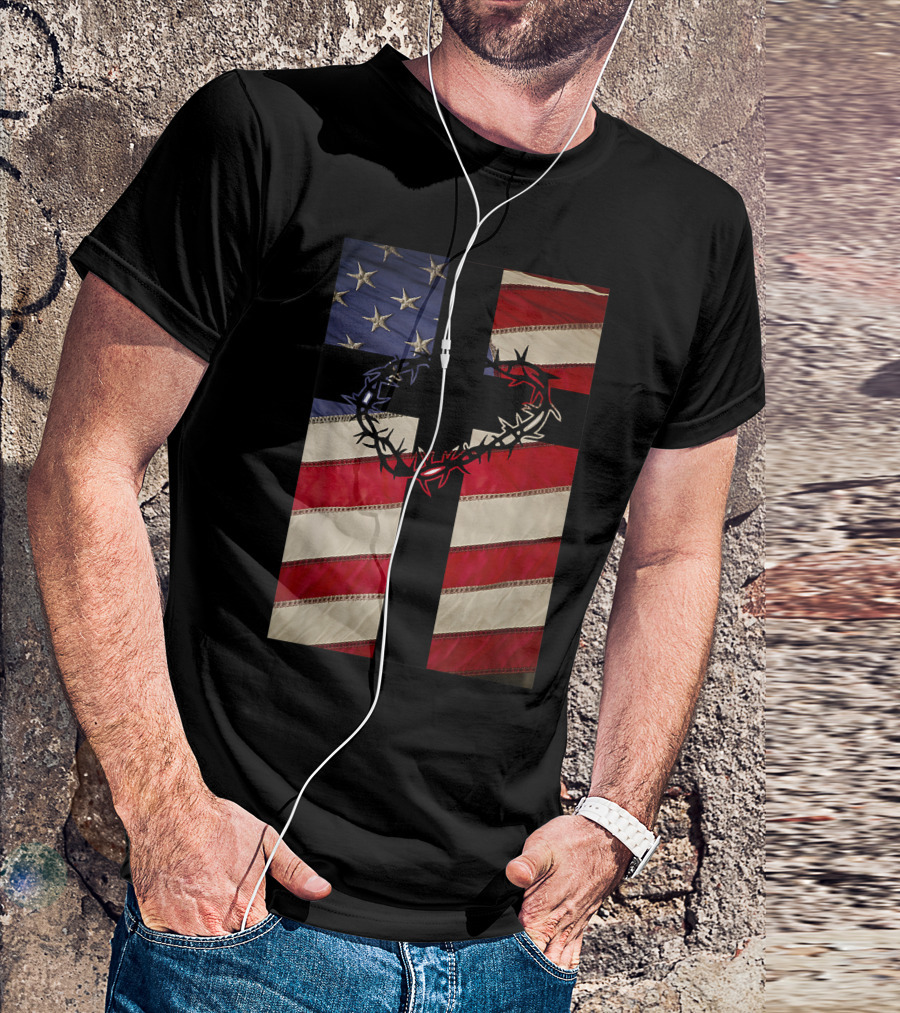 Christian Patriotic New Christianity American Flag Cross And Crown Of Thorns T-Shirt