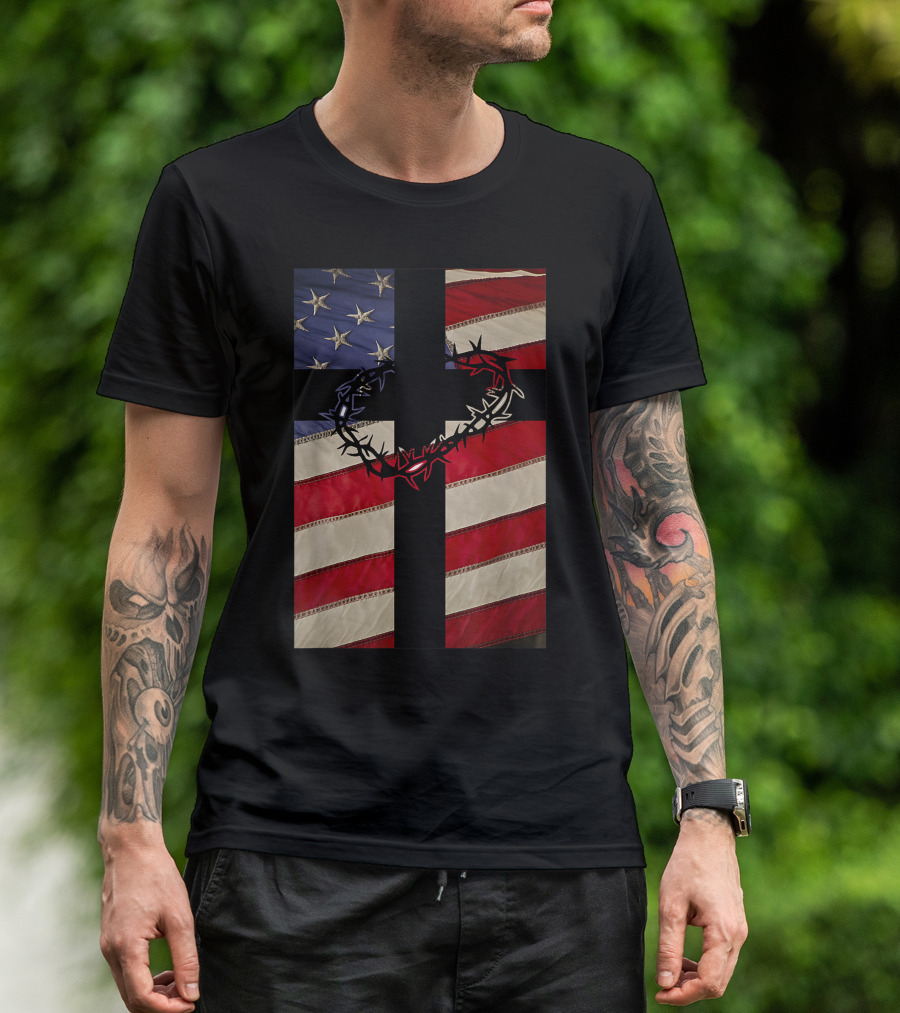 Christian Patriotic New Christianity American Flag Cross And Crown Of Thorns T-Shirt