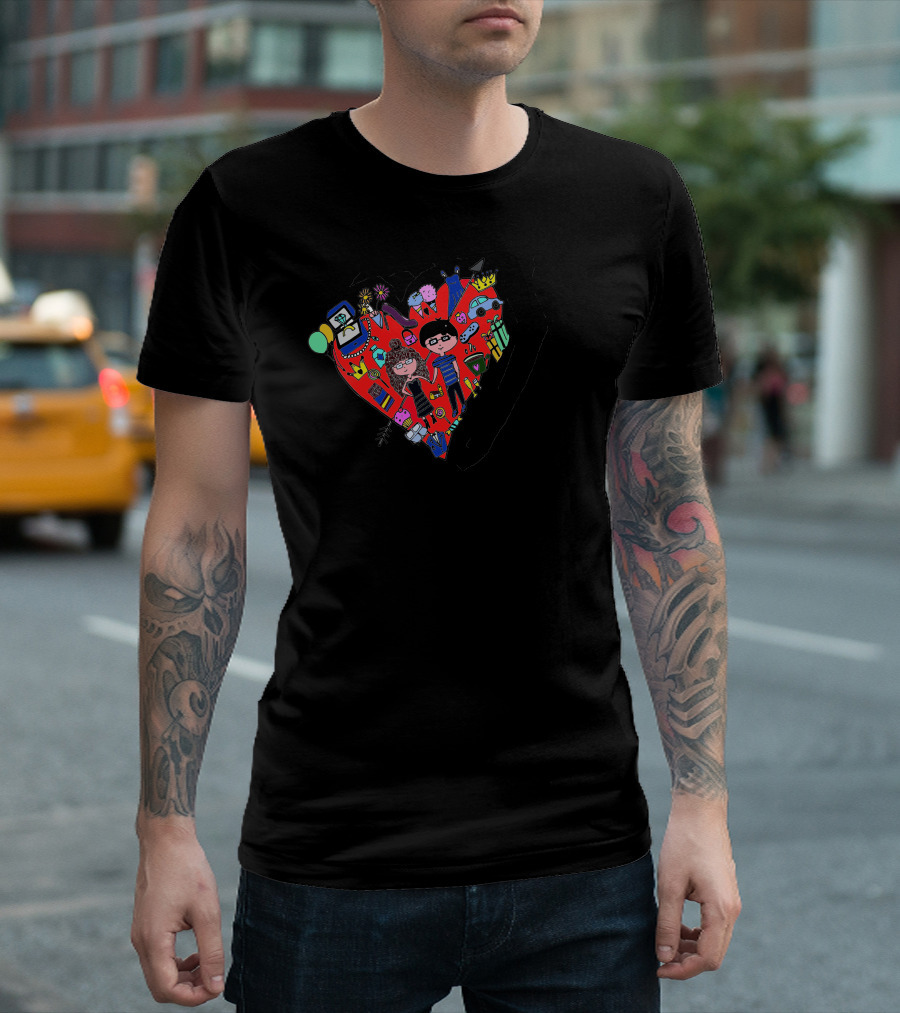 Whimsical Couple in Heart with Colorful Icons T-Shirt
