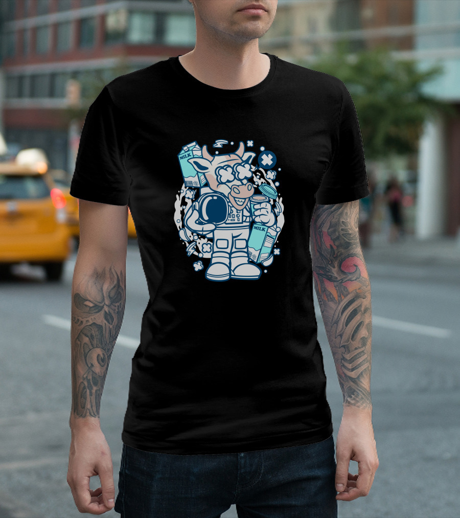 Cow Astronaut Floating with Milk Bottles and Cosmic Clouds T-Shirt