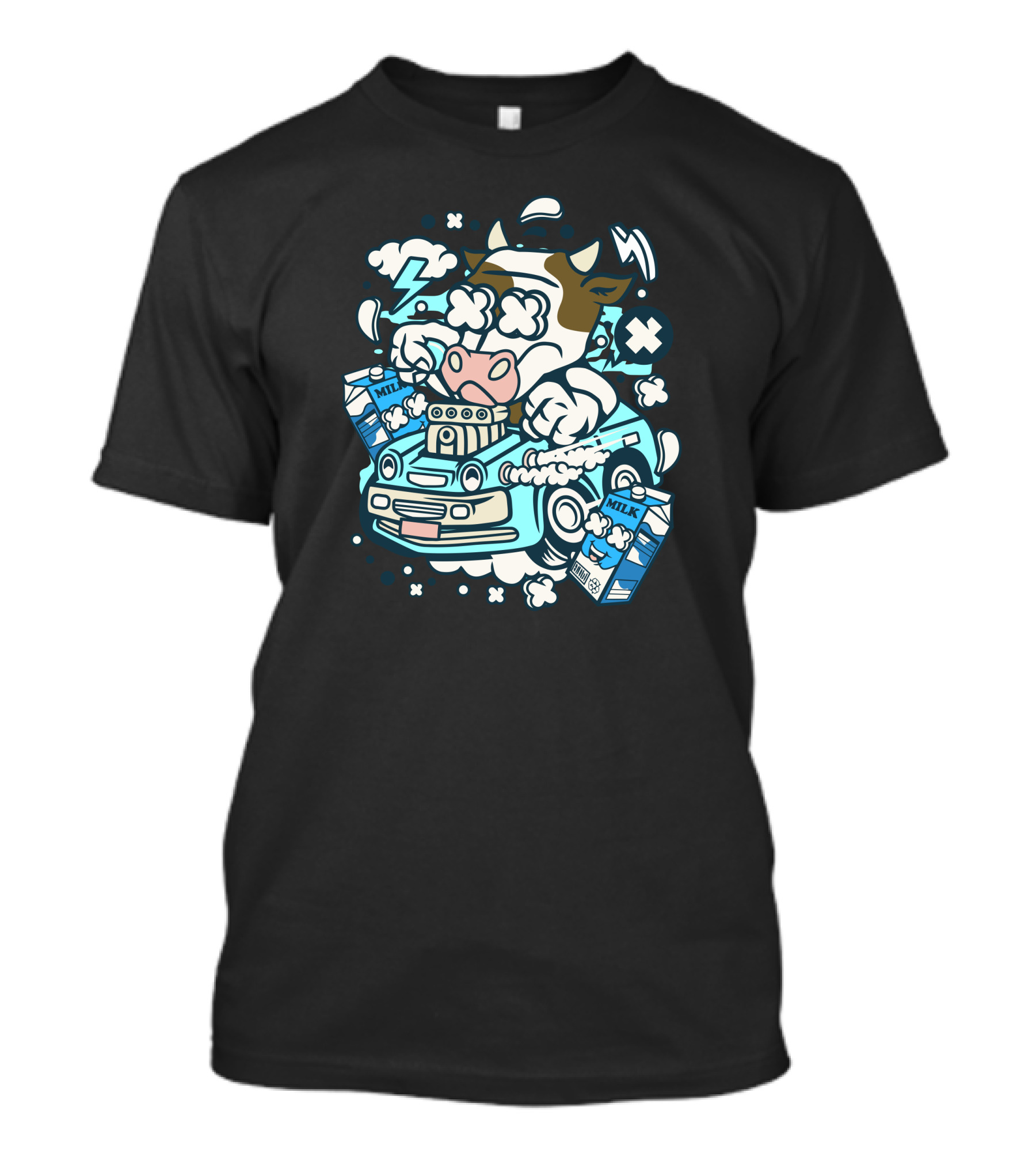 Cow Driving Hotrod With Milk Splashing Around T-Shirt