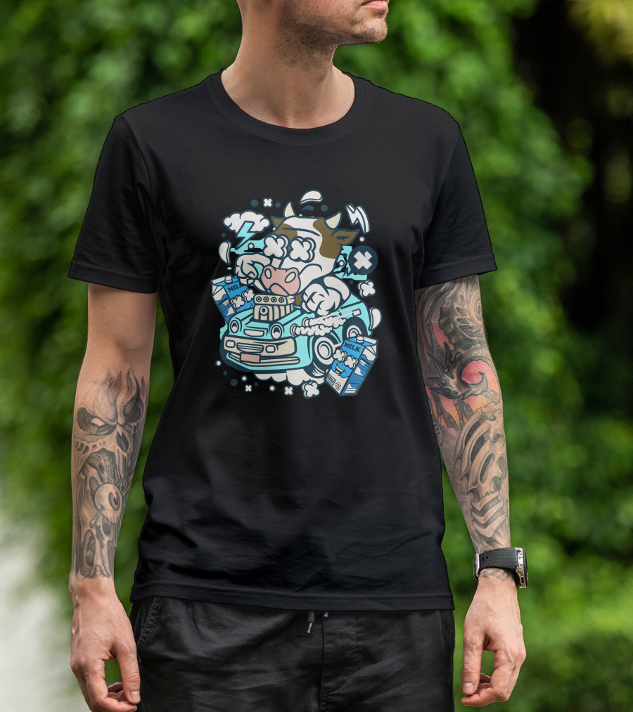 Cow Driving Hotrod With Milk Splashing Around T-Shirt