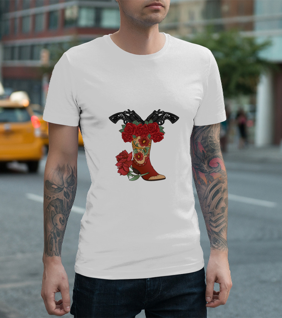 Cowboy Boots Floral Rose and Guns T-Shirt