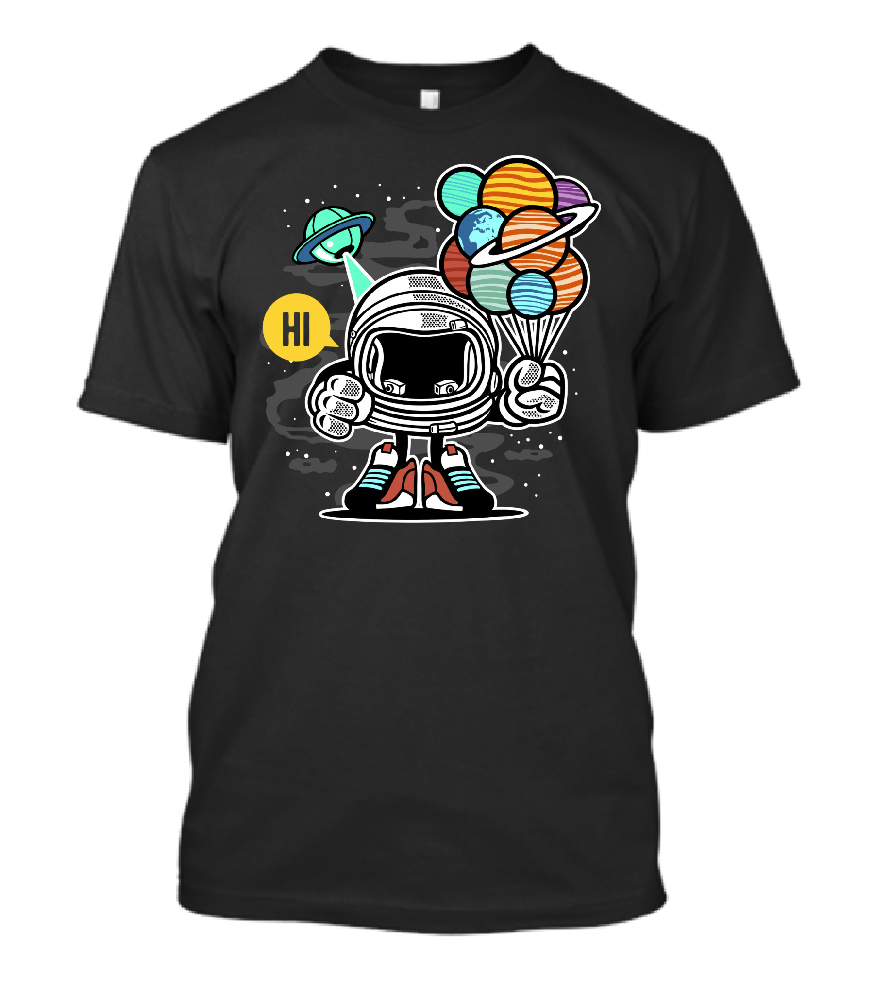 Hi Universe Astronaut With Planet Balloons And UFO T-Shirt