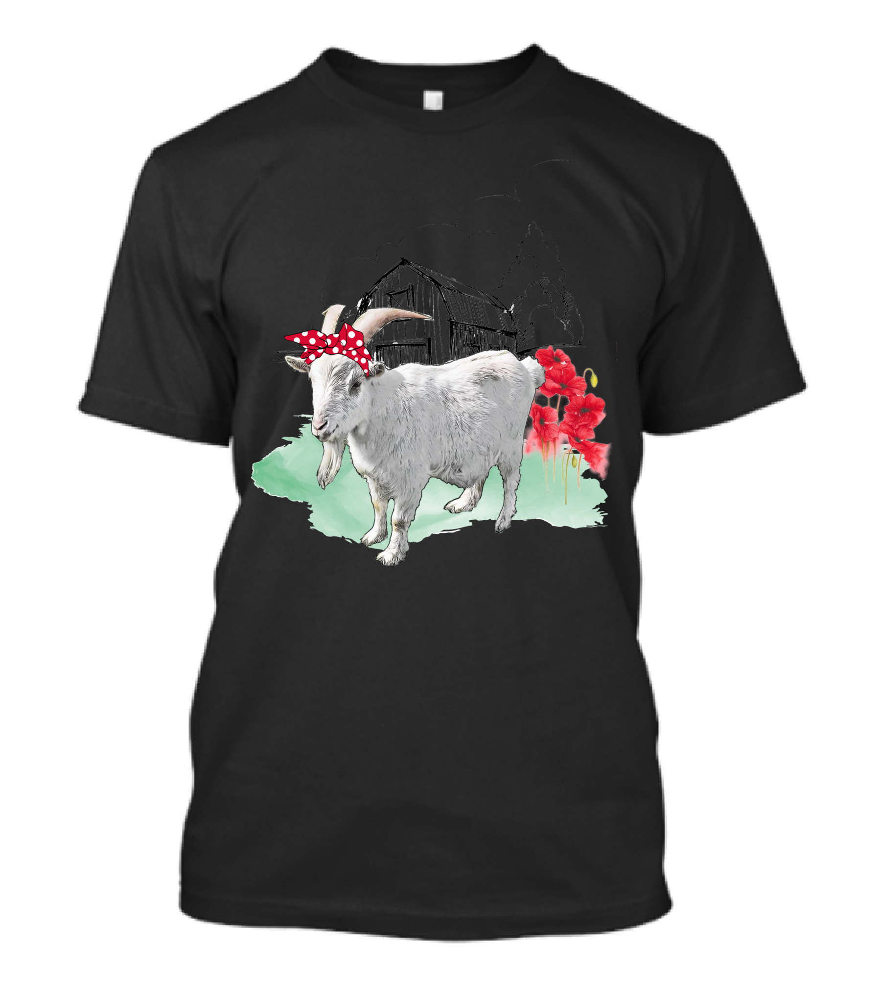 Goat With Red Bow And Farmhouse Scene T-Shirt