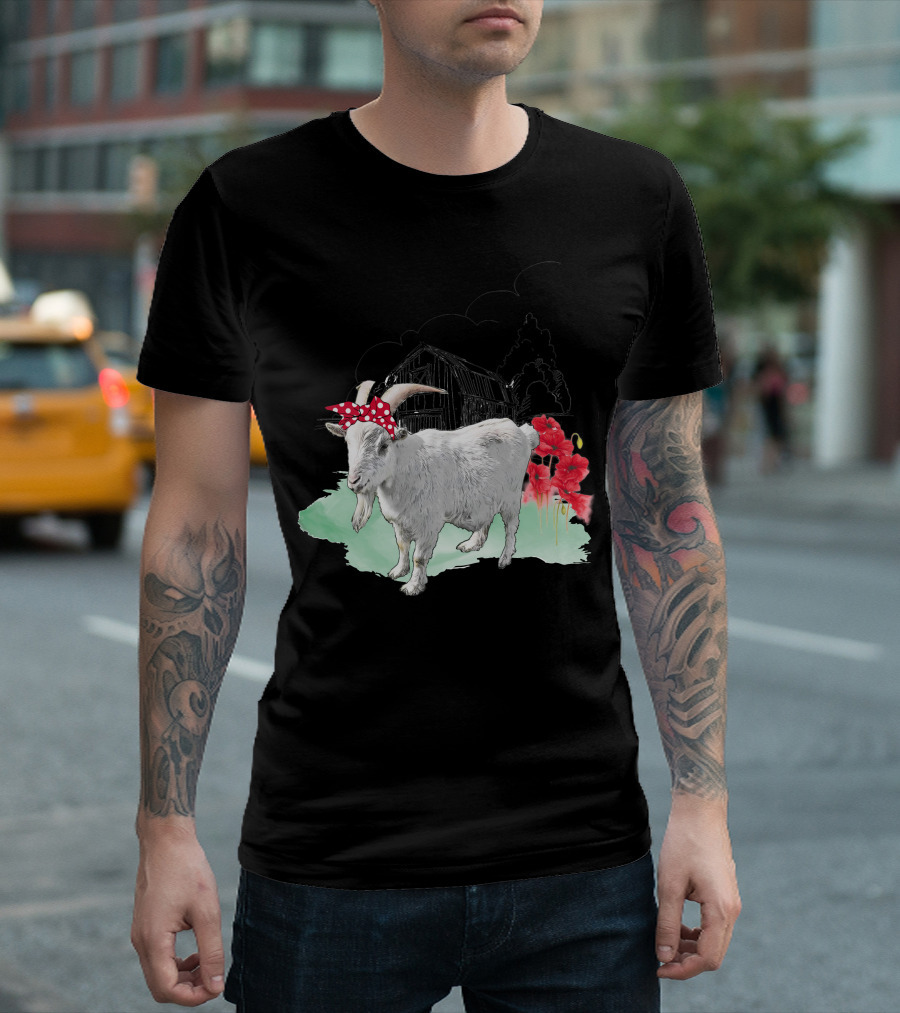 Goat With Red Bow And Farmhouse Scene T-Shirt