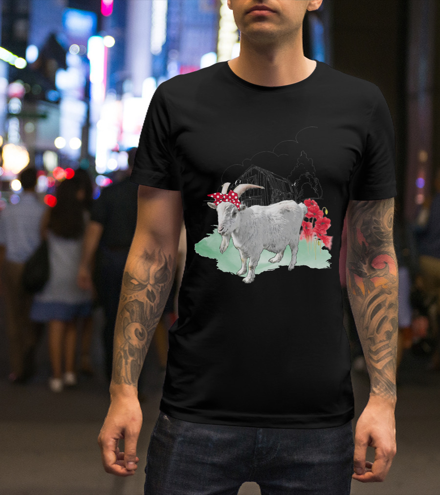 Goat With Red Bow And Farmhouse Scene T-Shirt