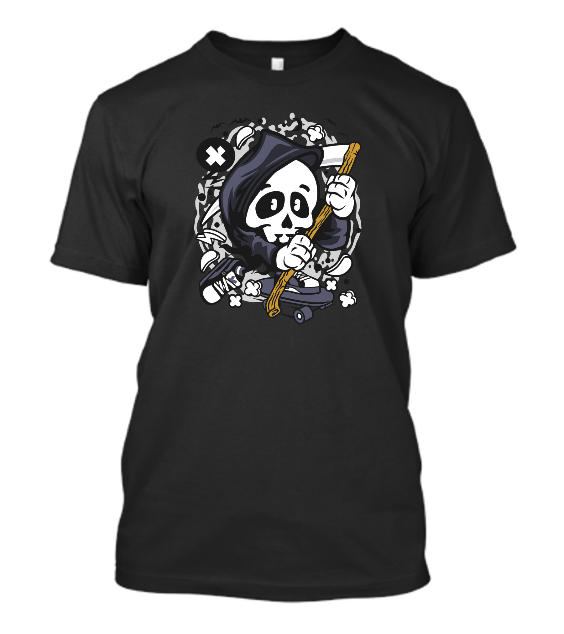 Grim Reaper Skater Skeleton With Scythe On Skateboard T-Shirt