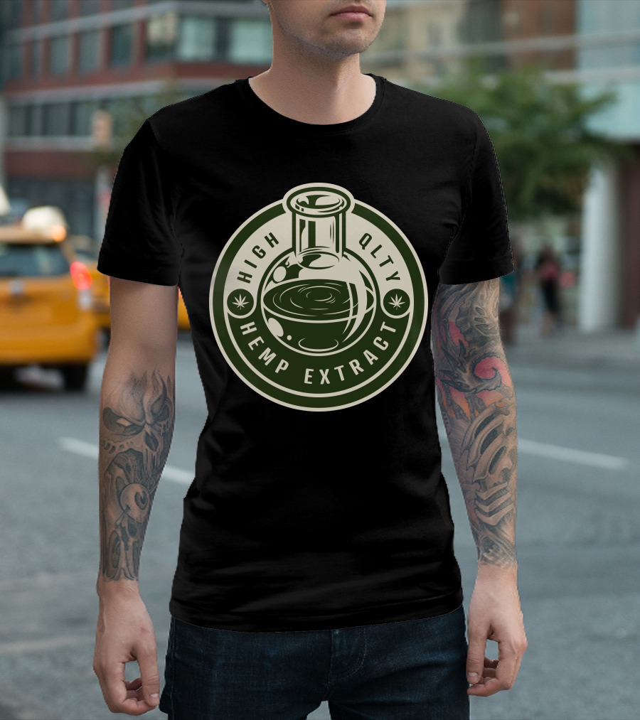 HIGH QLTY HEMP EXTRACT BEAKER LOGO CANNABIS ICON CIRCLE LABEL T-Shirt