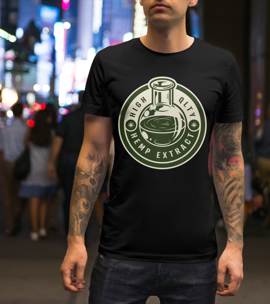 HIGH QLTY HEMP EXTRACT BEAKER LOGO CANNABIS ICON CIRCLE LABEL T-Shirt