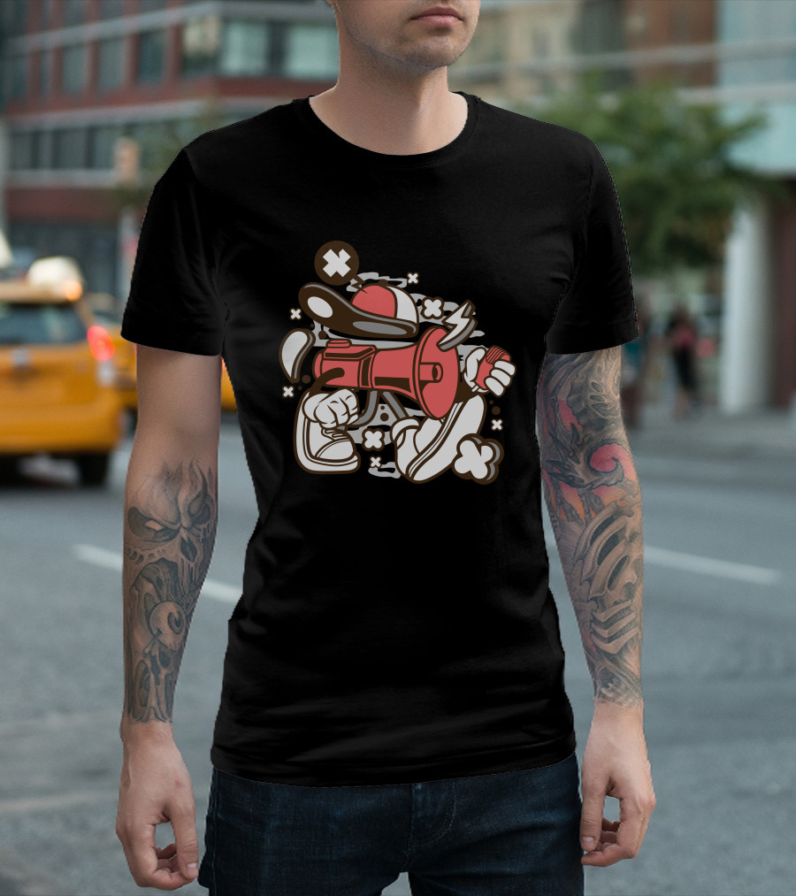 Horn Speaker Cartoon Character With Sneakers And Cap T-Shirt