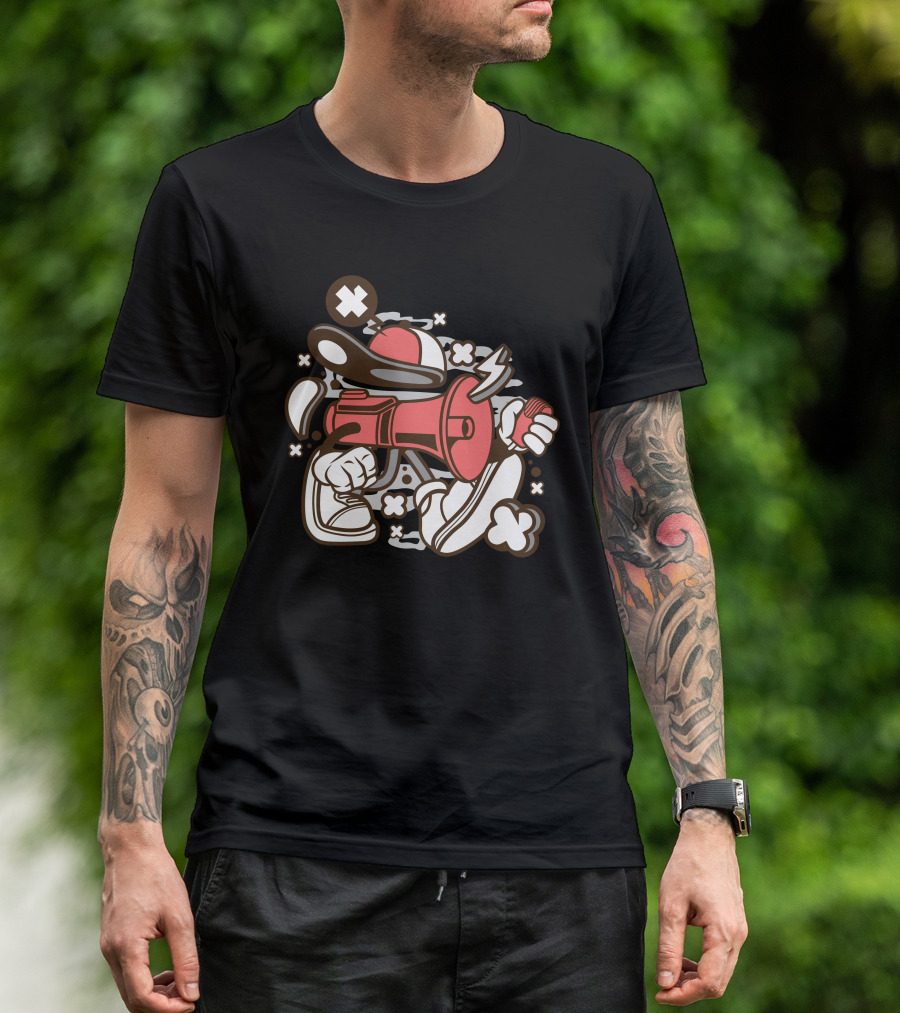 Horn Speaker Cartoon Character With Sneakers And Cap T-Shirt